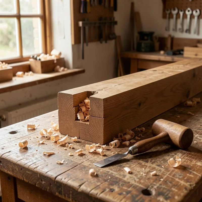 Assemblage de charpente à tenons et mortaises posé sur un établi d&rsquo;atelier