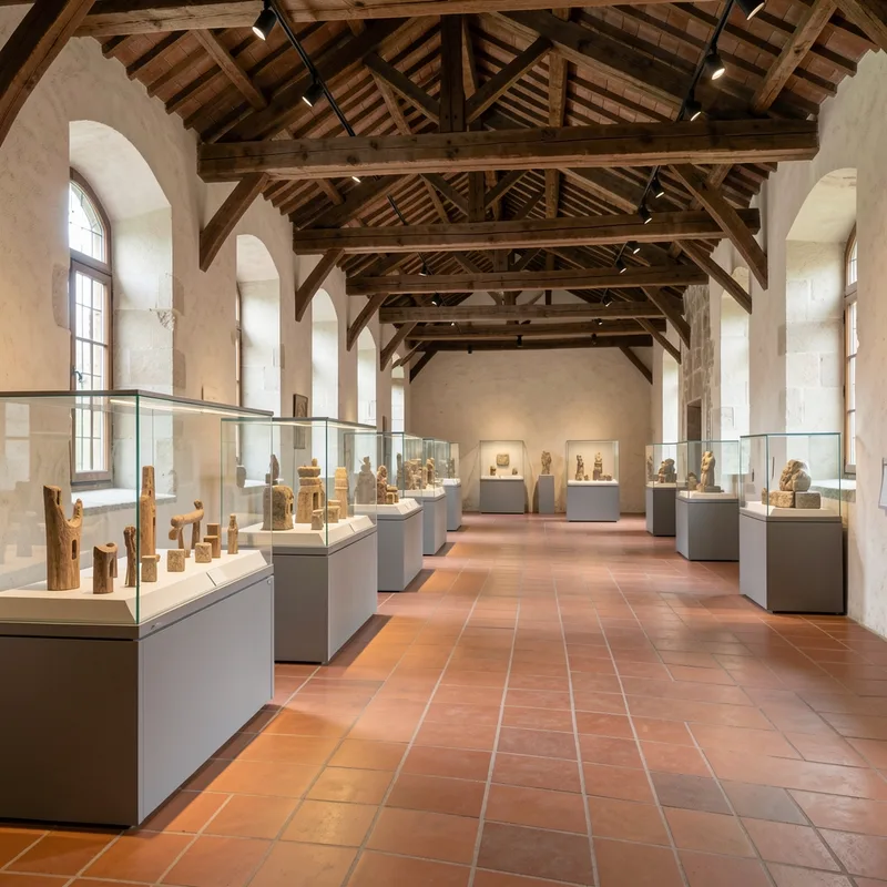 Salle de musée voûtée exposant des maquettes d&rsquo;escaliers en bois sous vitrine