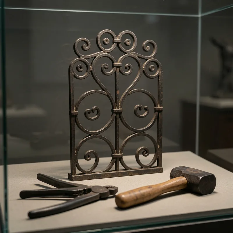Vitrine de musée présentant une grille en fer forgé et des outils anciens de forge