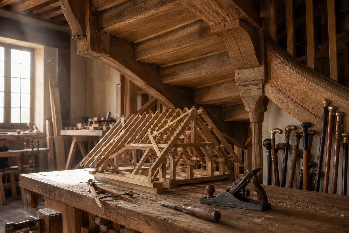 Escalier en bois tournant vu depuis le dessous, assemblages apparents