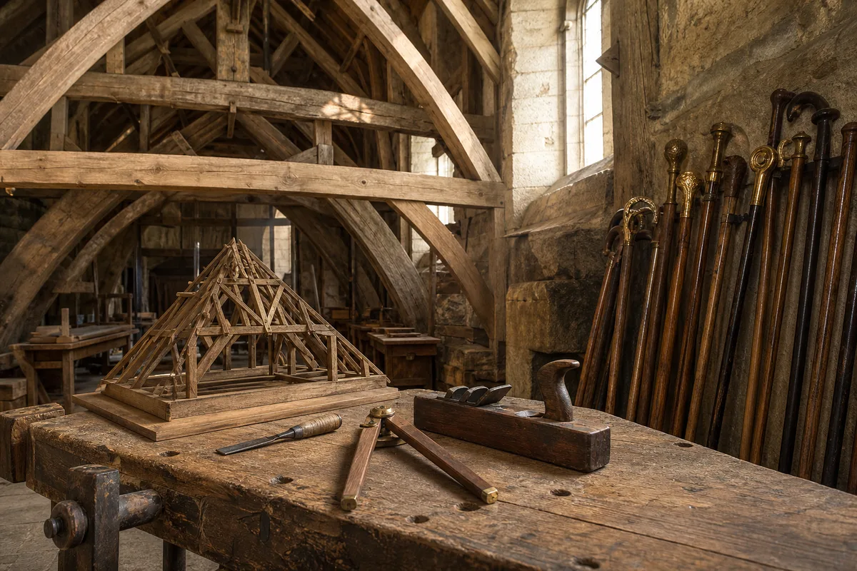 Charpente en chêne assemblée sous la nef d&rsquo;un édifice ancien