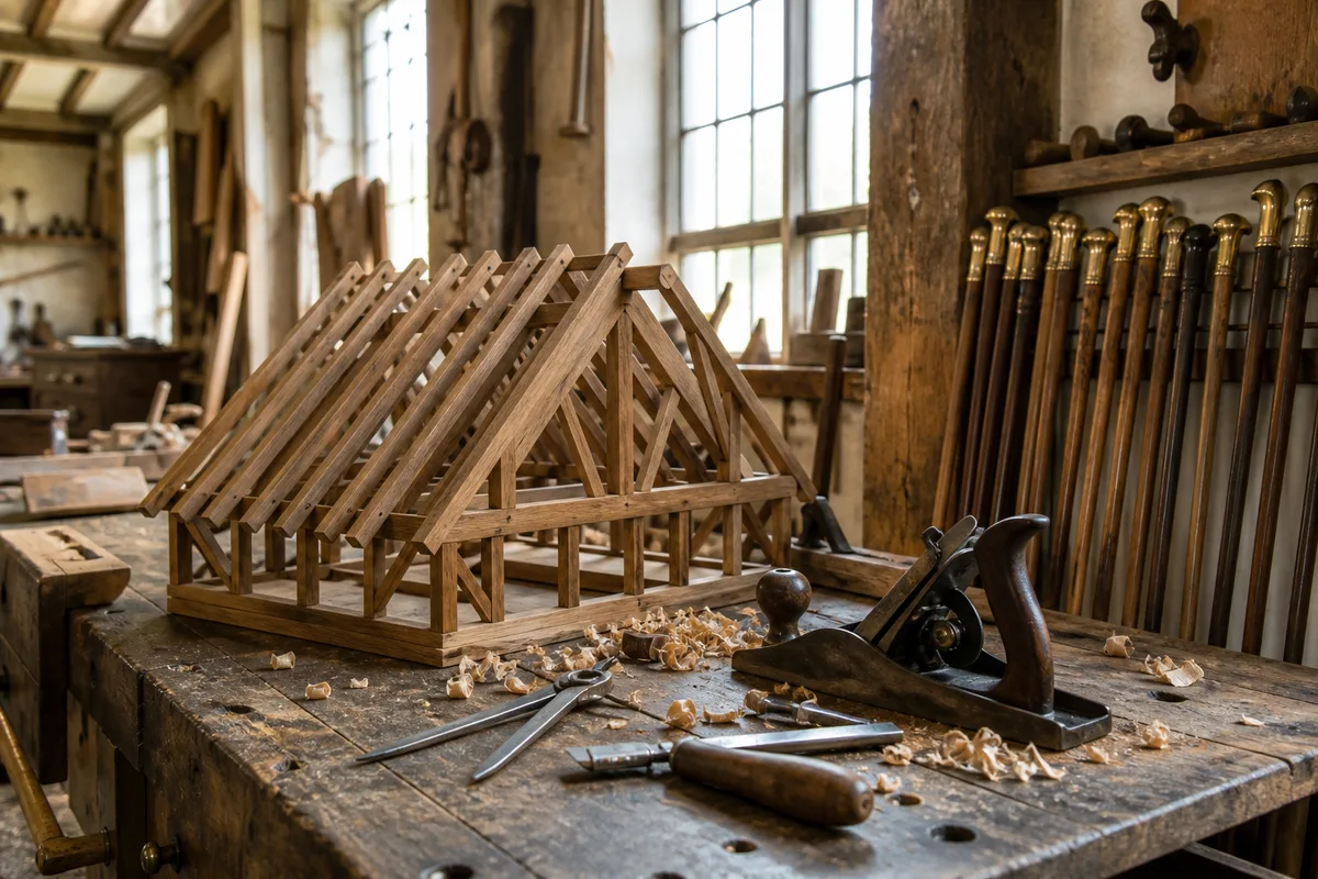 Atelier de menuiserie avec établi, rabots et copeaux de bois