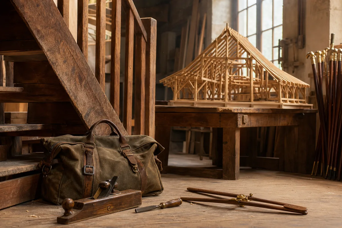 Sac de voyage et outils à main posés au pied d&rsquo;un escalier en bois