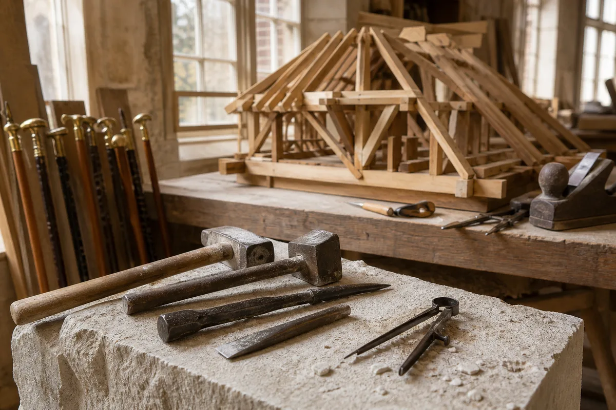 Outils de taille de pierre posés sur un bloc de calcaire
