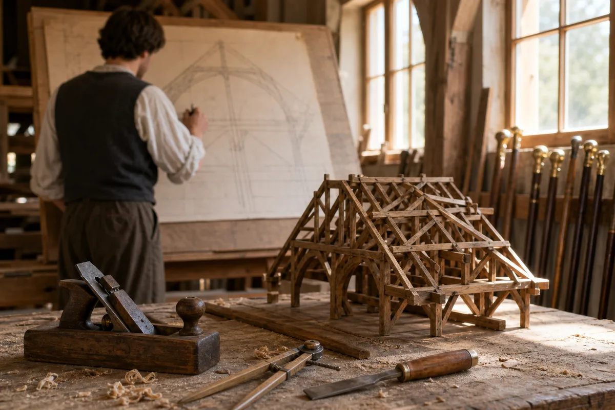 Jeune ouvrier traçant une épure sur une planche à dessin d&rsquo;atelier