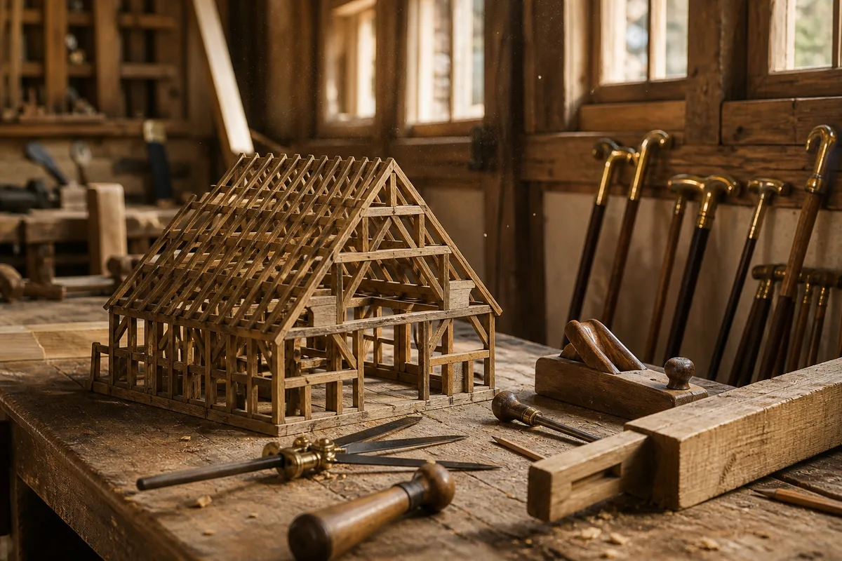 Établi d&rsquo;atelier avec outils à main rangés et pièce de bois en cours