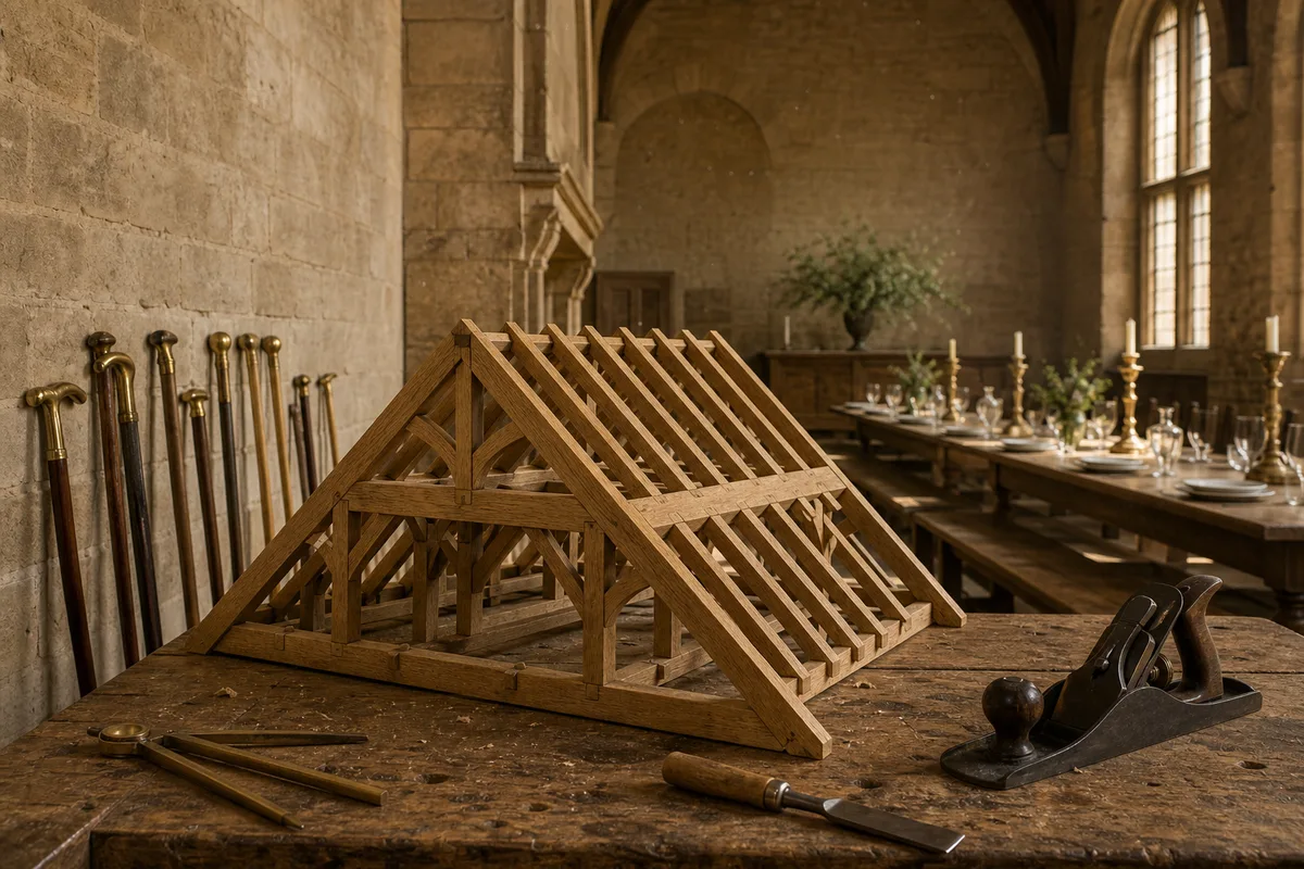 Grande table commune dressée dans une salle voûtée en pierre