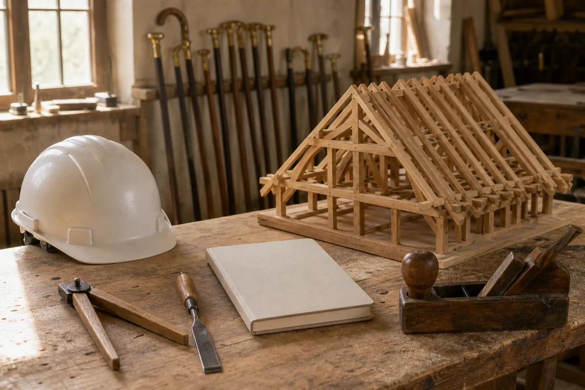 Casque de chantier et carnet de notes posés sur un plan de travail
