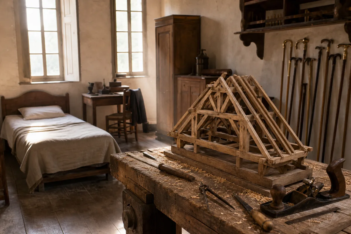 Chambre simple avec lit, bureau et rangements dans une maison collective